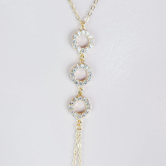 18K Gold Sparkling Tri Circle Necklace to Nipple, Non Piercing.