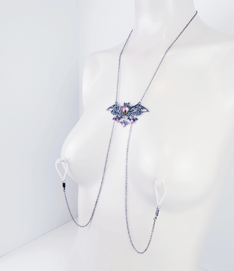 Bat Necklace to Nipple with Non Piercing Nipple Nooses or Your Choice of Nipple Clamps. Gothic, Halloween, MATURE