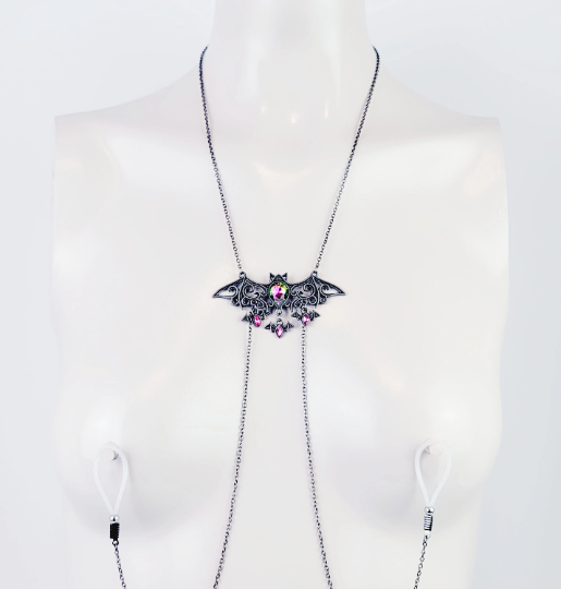 Bat Necklace to Nipple with Non Piercing Nipple Nooses or Your Choice of Nipple Clamps. Gothic, Halloween, MATURE
