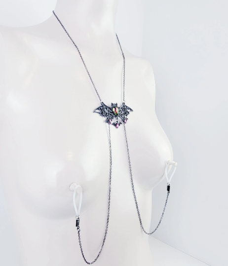 Bat Necklace to Nipple with Non Piercing Nipple Nooses or Your Choice of Nipple Clamps. Gothic, Halloween, MATURE