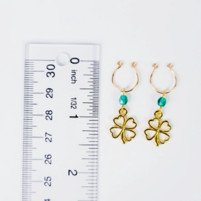 Gold Non-Piercing Nipple Rings with green crystal beads and four leaf clovers