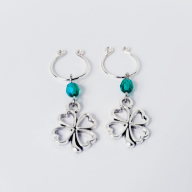 Four-leaf Clover Non-Piercing Nipple Rings with green crystal beads