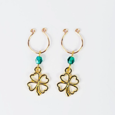 Gold Non-Piercing Nipple Rings with green crystal beads and four leaf clovers