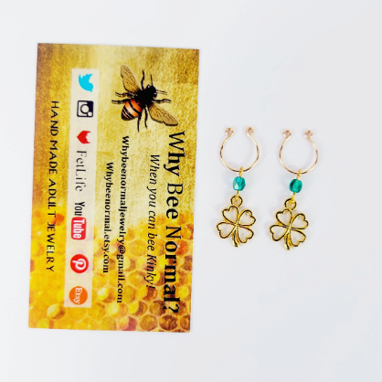 Gold Non-Piercing Nipple Rings with green crystal beads and four leaf clovers