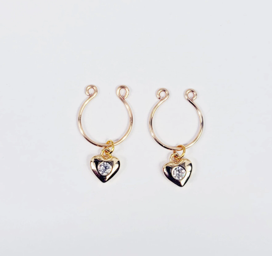 Gold Nipple Rings with Sparkling 18K Gold Hearts, Non Piercing.