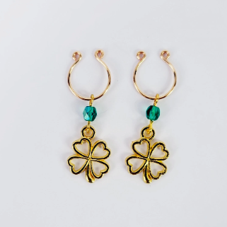 Gold Non-Piercing Nipple Rings with green crystal beads and four leaf clovers