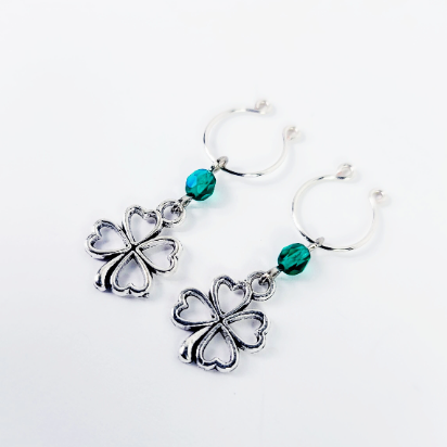 Four-leaf Clover Non-Piercing Nipple Rings with green crystal beads