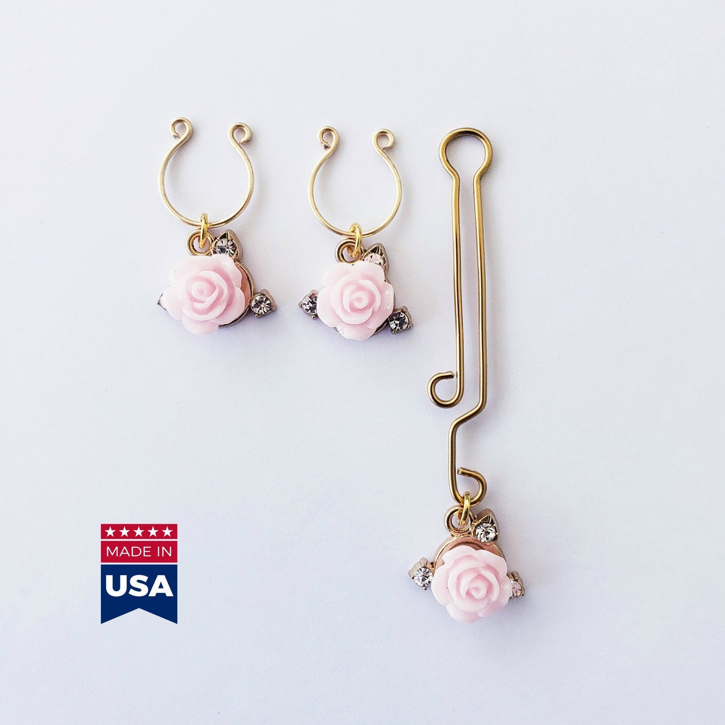 Gold Nipple Rings and Labia Clip with Pink Rose and Gems