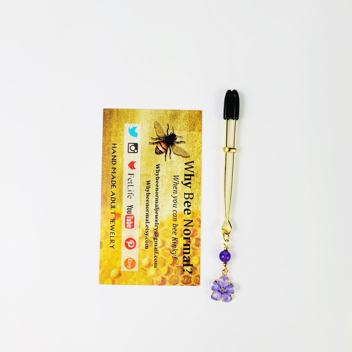 Gold Tweezer Clitoral Clamp with Purple Flower and Stone Bead