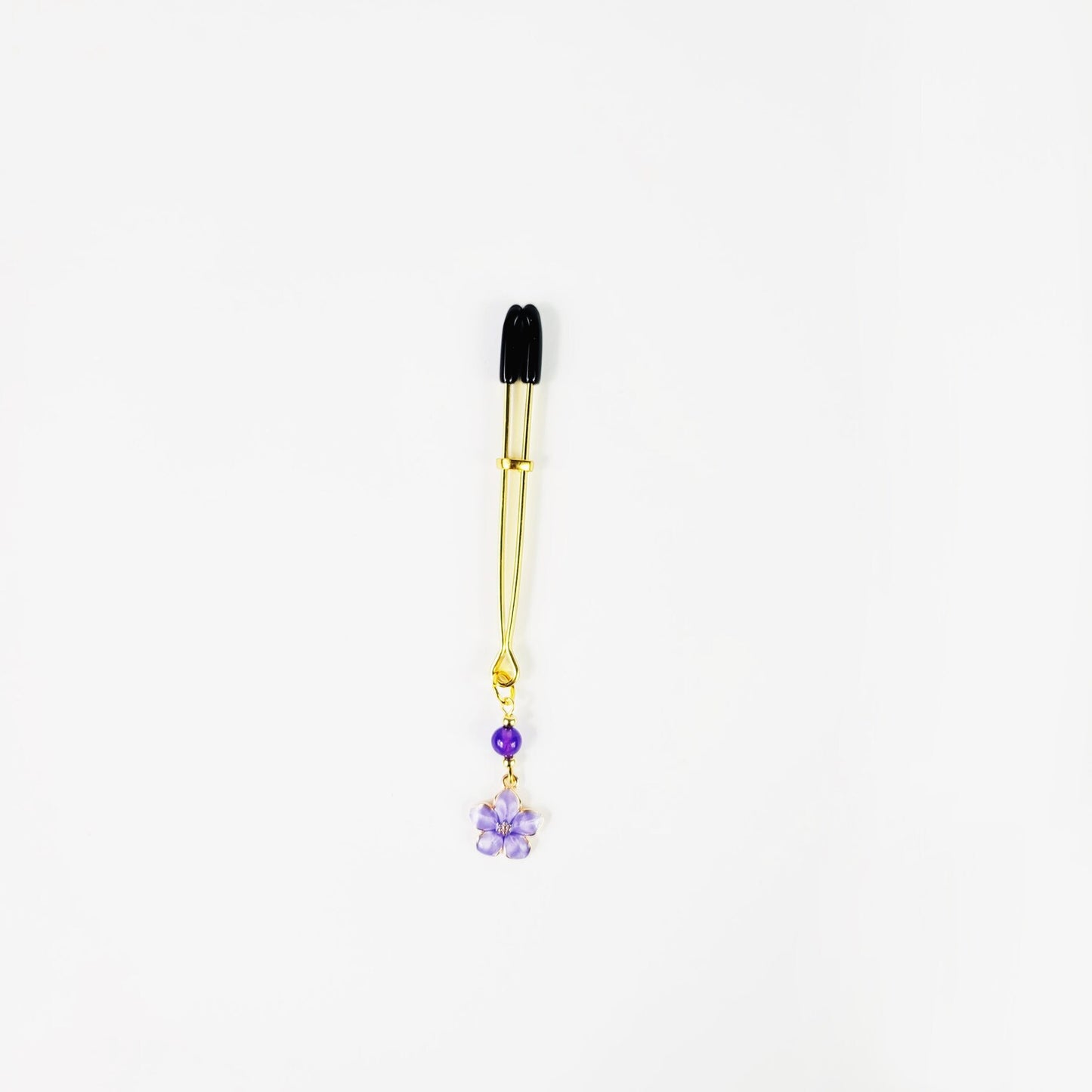 Gold Tweezer Clitoral Clamp with Purple Flower and Stone Bead