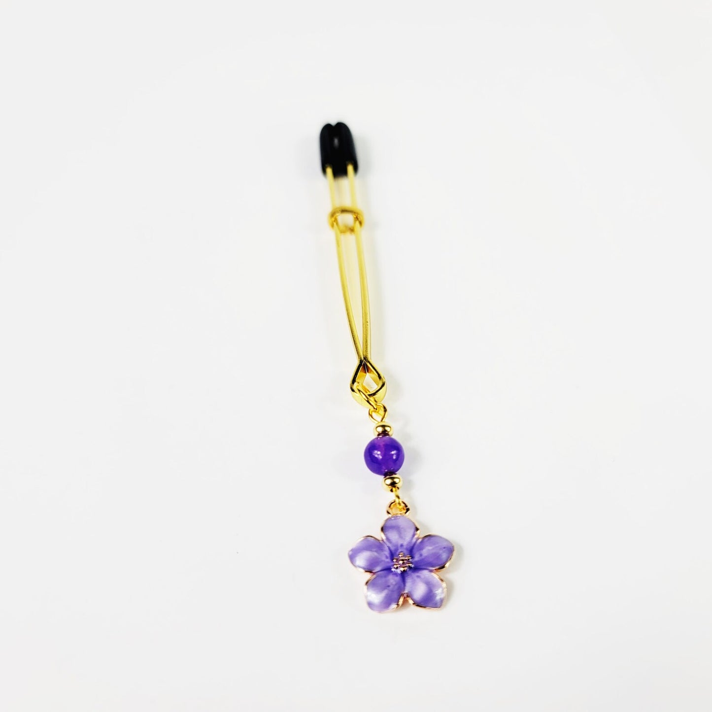Gold Tweezer Clitoral Clamp with Purple Flower and Stone Bead