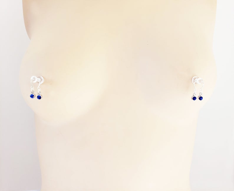 Non-Piercing Nipple Rings with Gemstone Dangles. Horseshoe Style Fake Piercings.