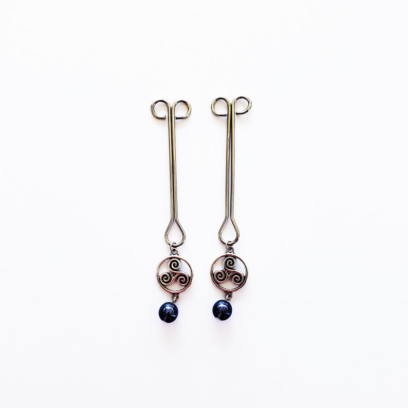 Straight Nipple Clamps with Triskelion and Purple Glass Beads