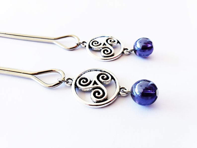 Straight Nipple Clamps with Triskelion and Purple Glass Beads