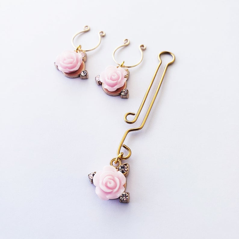 Gold Nipple Rings and Labia Clip with Pink Rose and Gems
