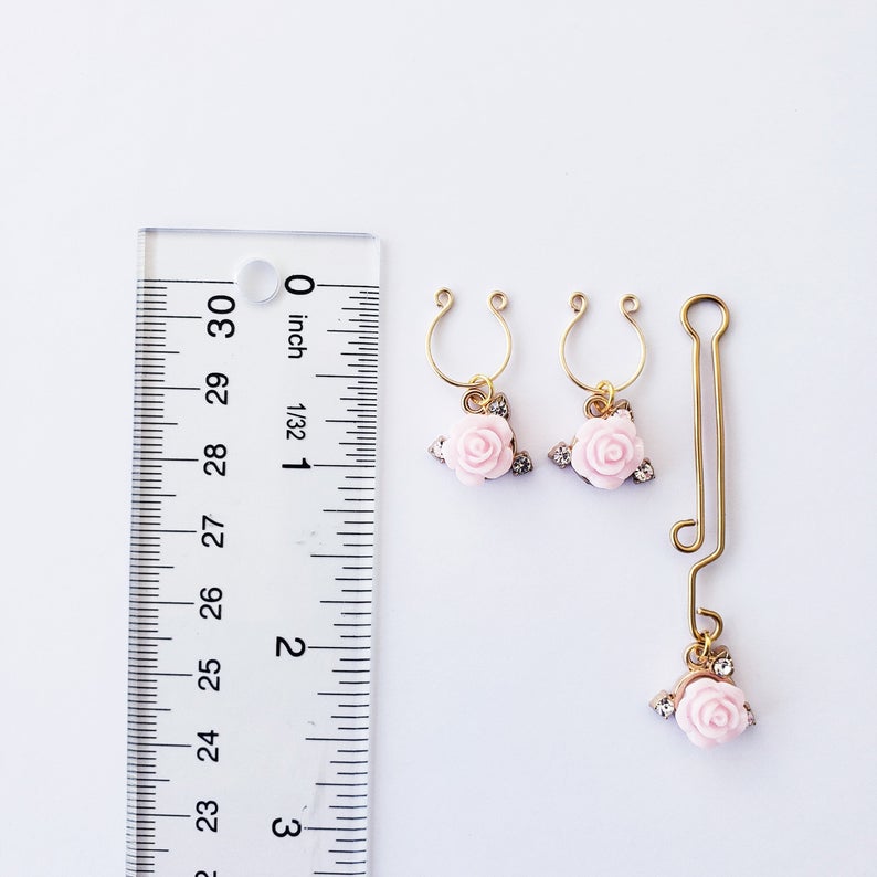 Gold Nipple Rings and Labia Clip with Pink Rose and Gems