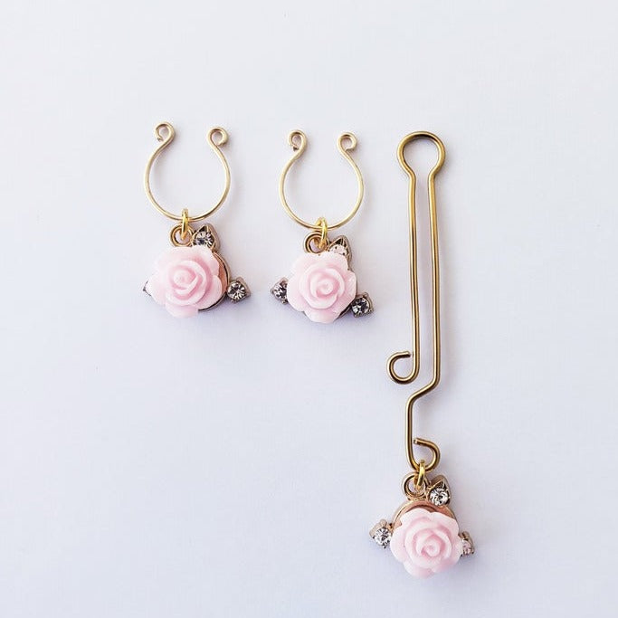 Gold Nipple Rings and Labia Clip with Pink Rose and Gems