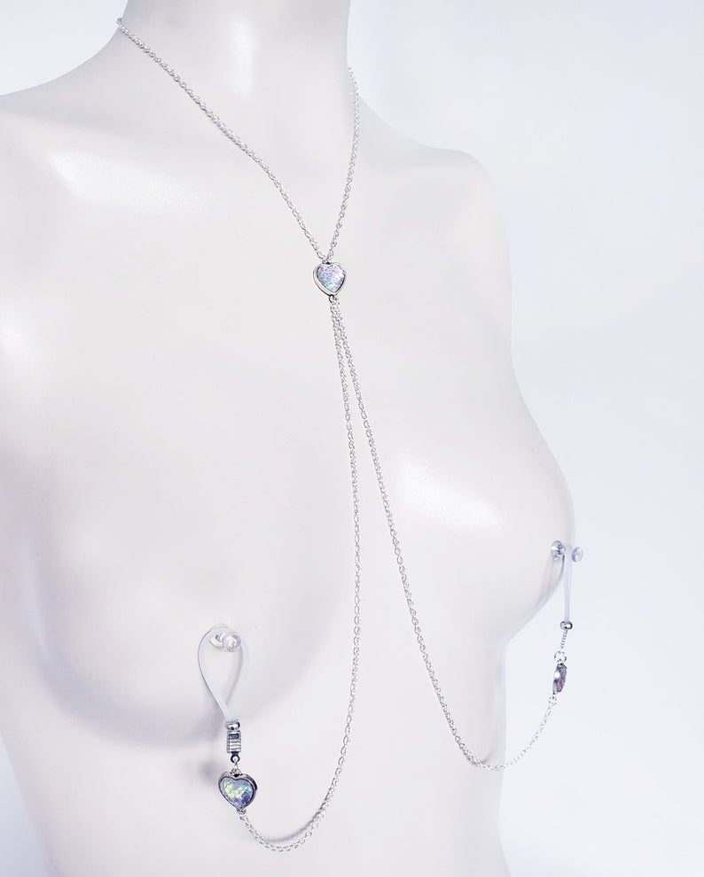 Mermaid/Dragon's Scale Heart Necklace to Nipple. Non-Piercing