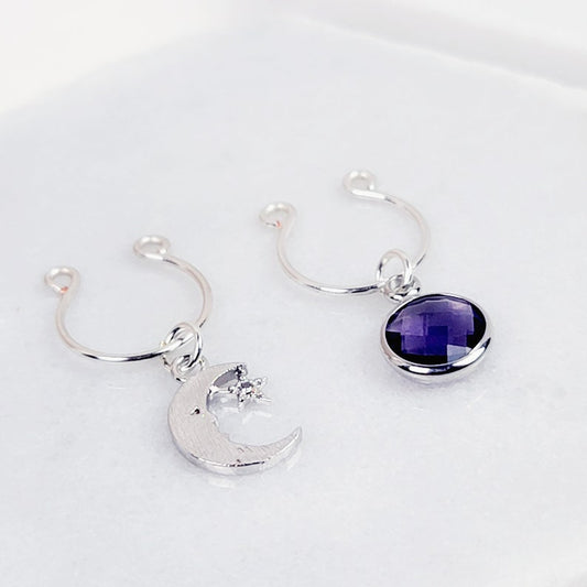 Nipple Rings with Silver Star, Moon, and Purple Gem