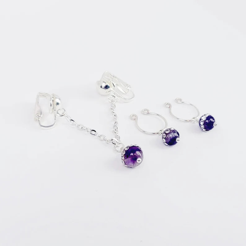 Non Piercing Nipple Rings and Labia Chain Dangle with Sparkling Amethyst or Rose Quartz Beads. Erotic Body Jewelry Set. MATURE, BDSM
