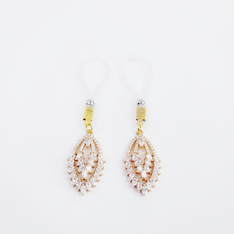 Non-Piercing Gold Nipple Dangles with Cubic Zirconia. Choose Nipple Nooses or Clamps.