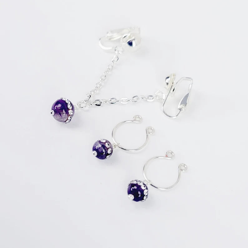 Non Piercing Nipple Rings and Labia Chain Dangle with Sparkling Amethyst or Rose Quartz Beads. Erotic Body Jewelry Set. MATURE, BDSM