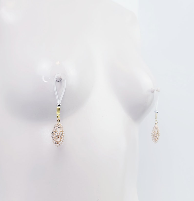 Non-Piercing Gold Nipple Dangles with Cubic Zirconia. Choose Nipple Nooses or Clamps.