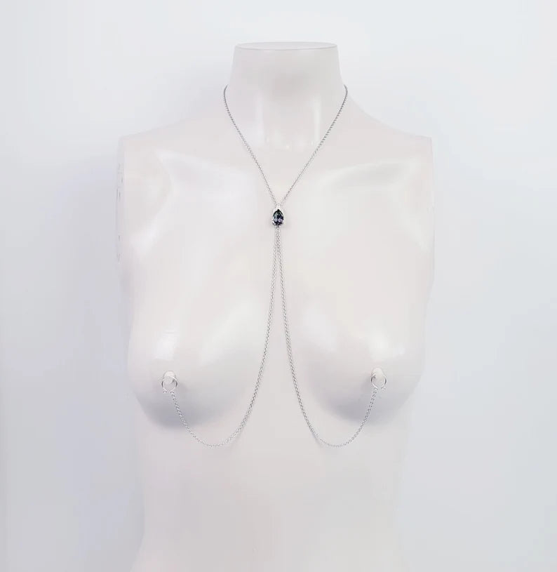 Gemstone Necklace to Nipple with Non Piercing Nipple Nooses Or Nipple Clamps. MATURE, BDSM
