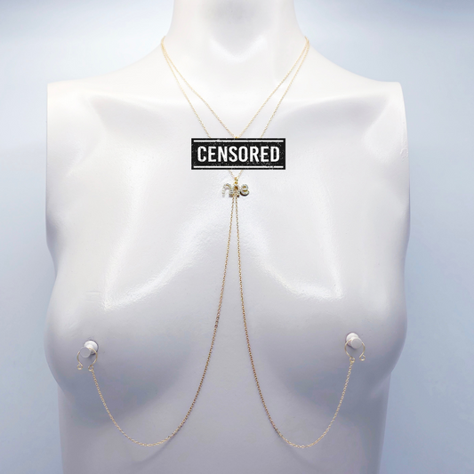 Gold Necklace to Nipple with Sparkling "Fuck Me" Pendants and Your Choice of Nipple Attachment. Non-Piercing, or use with Piercings.
