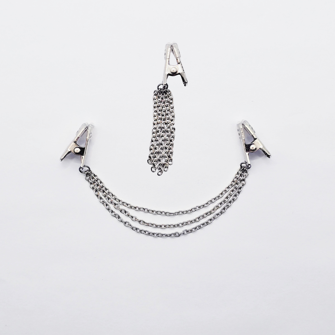 Clit and Labia Clamp Set with Chain Dangle. This Vaginal Jewelry Set Includes 2 Items in Silver, Gold, Or Black