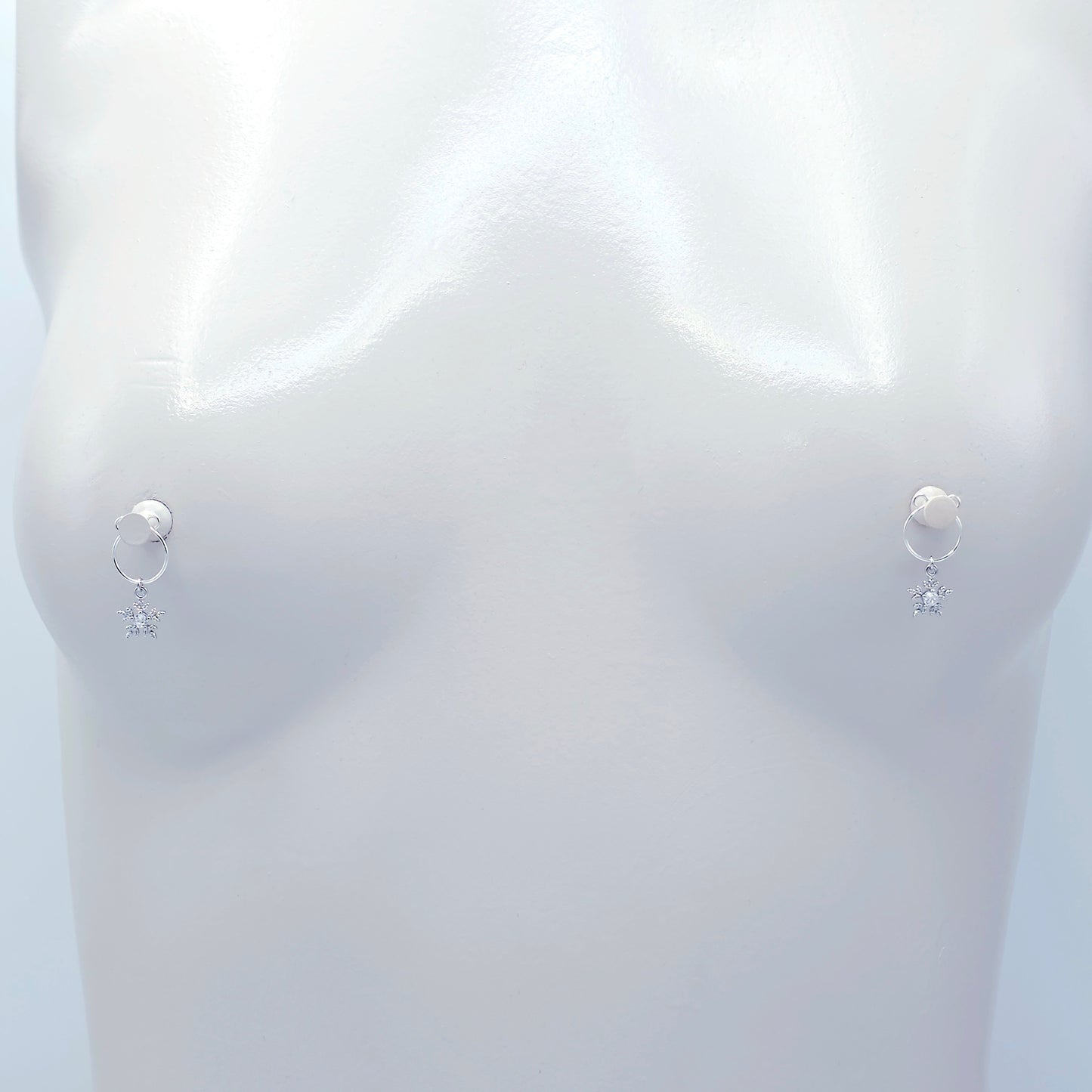 Snowflake Nipple Rings, Non-Piercing. Platinum and CZ Snowflakes.