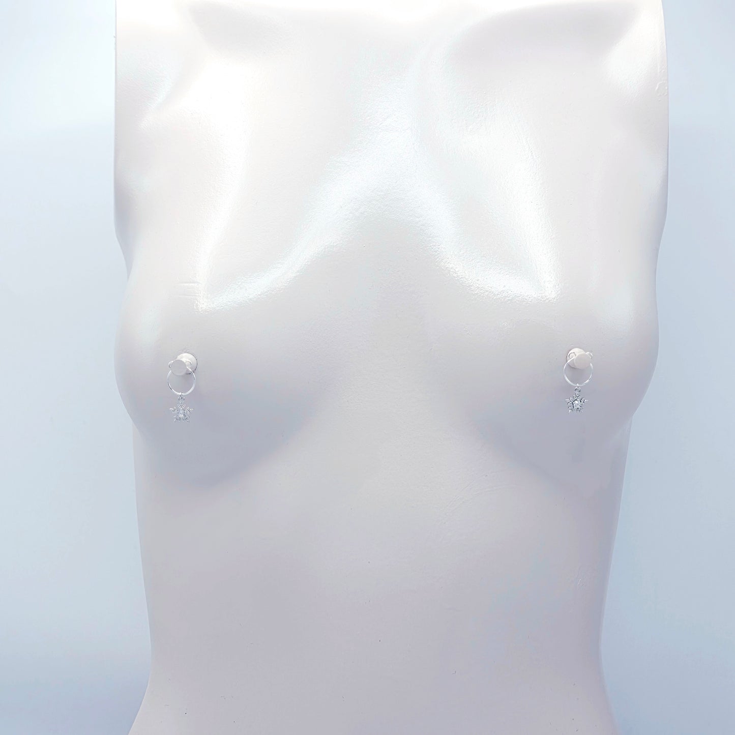 Snowflake Nipple Rings, Non-Piercing. Platinum and CZ Snowflakes.