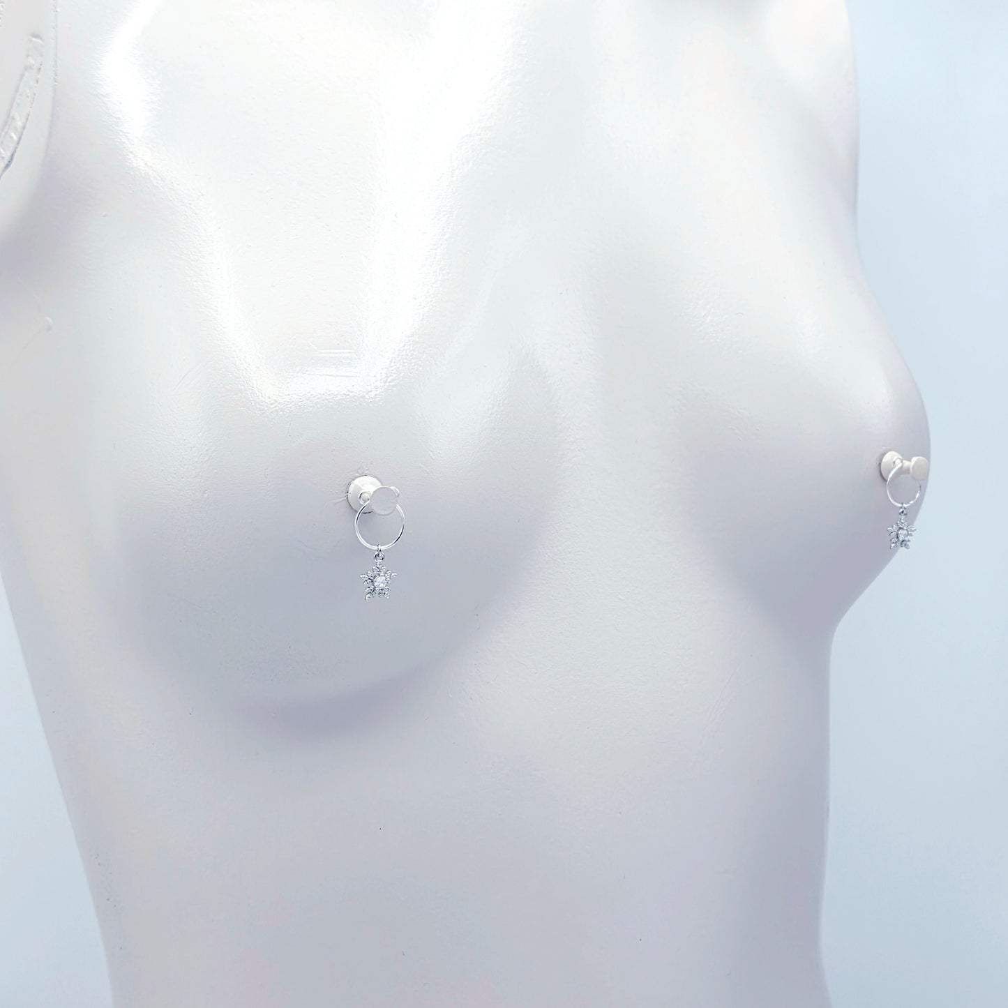 Snowflake Nipple Rings, Non-Piercing. Platinum and CZ Snowflakes.