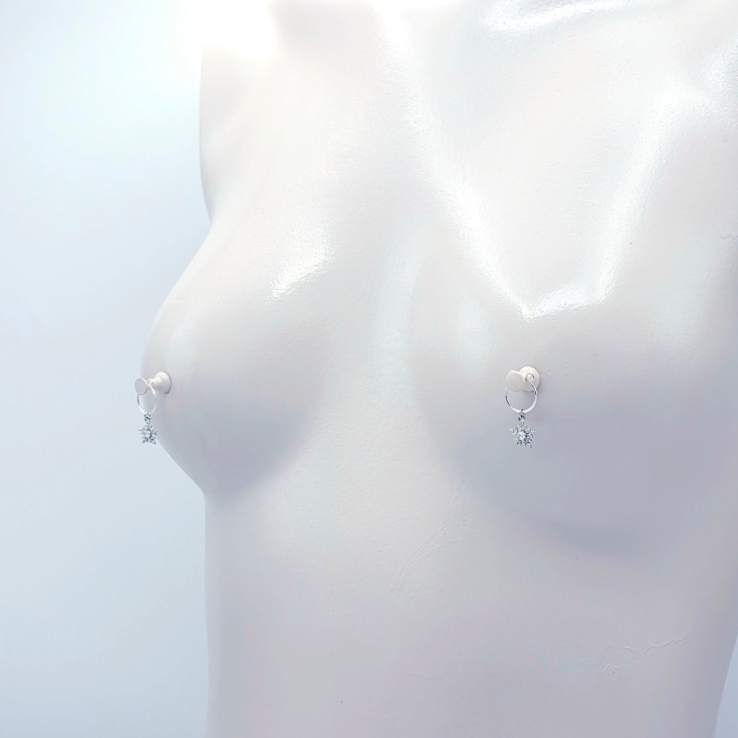 Snowflake Nipple Rings, Non-Piercing. Platinum and CZ Snowflakes.