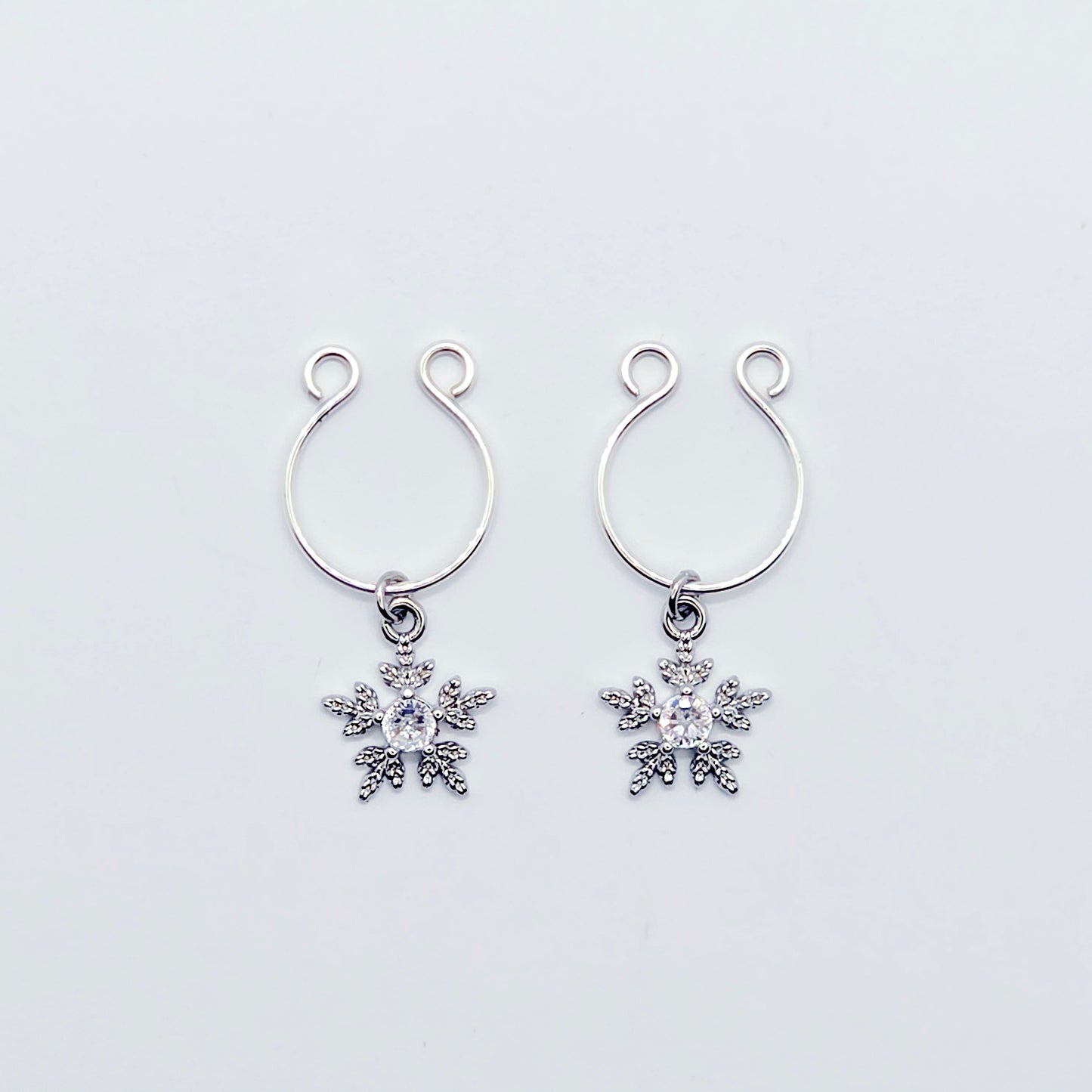 Snowflake Nipple Rings, Non-Piercing. Platinum and CZ Snowflakes.