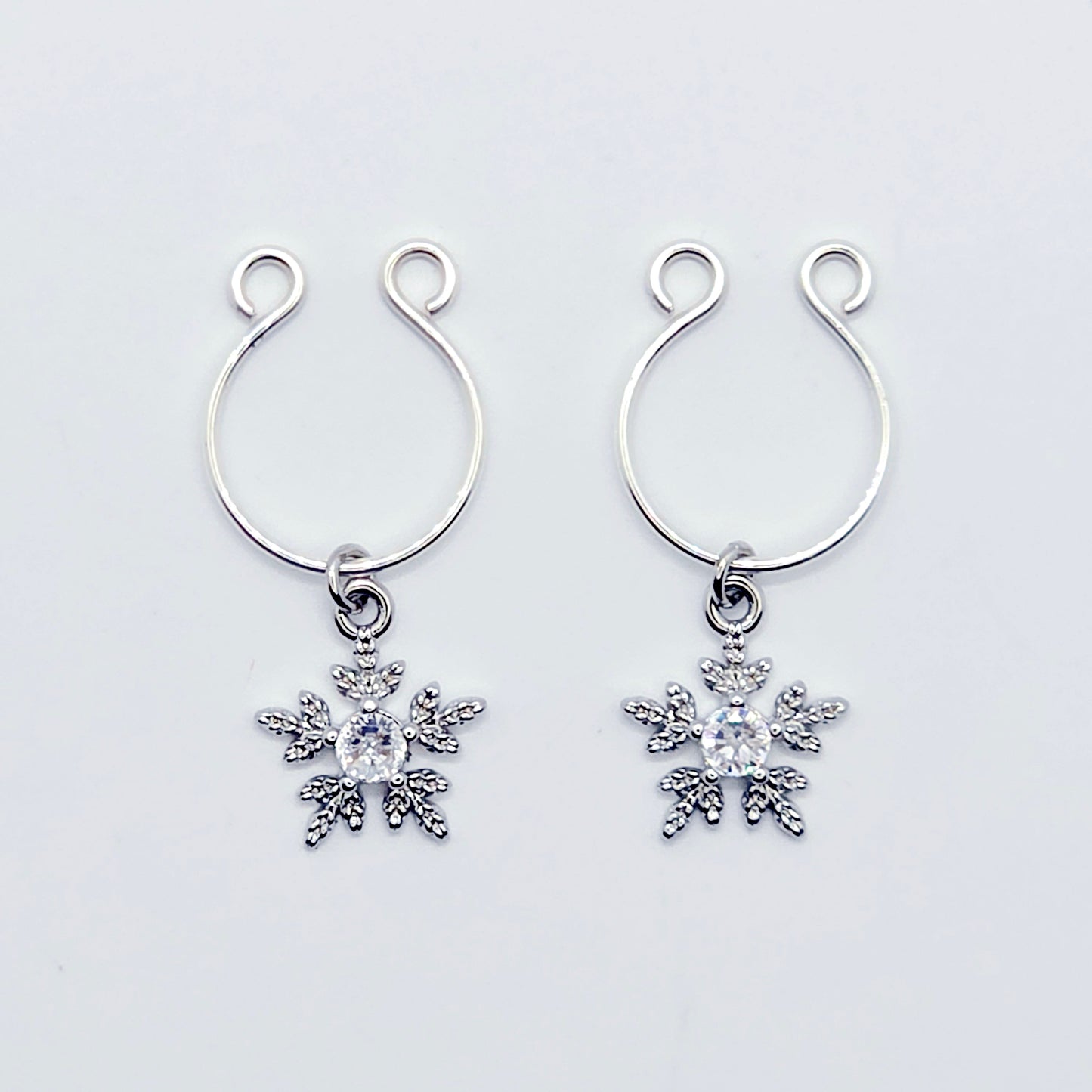 Snowflake Nipple Rings, Non-Piercing. Platinum and CZ Snowflakes.