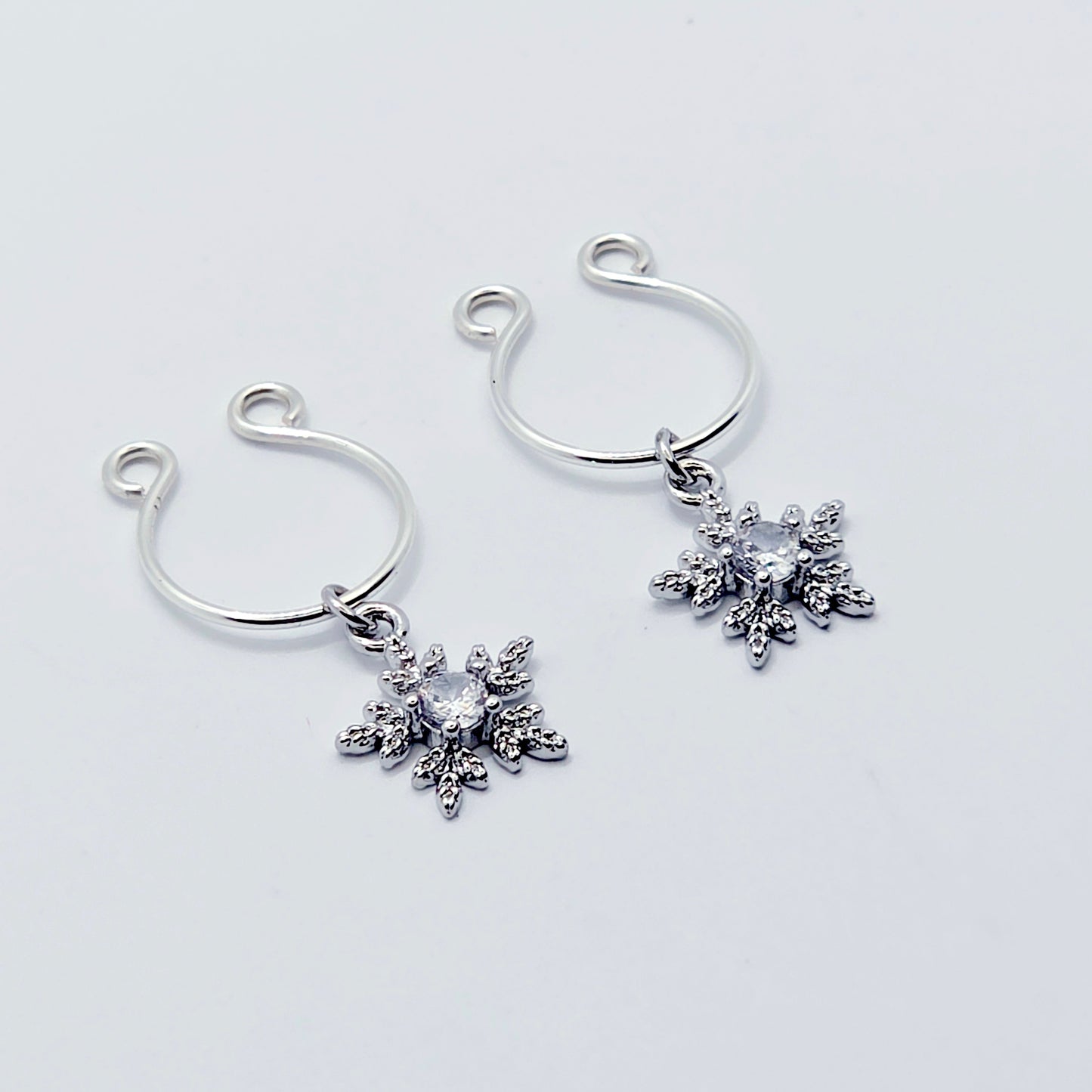 Snowflake Nipple Rings, Non-Piercing. Platinum and CZ Snowflakes.