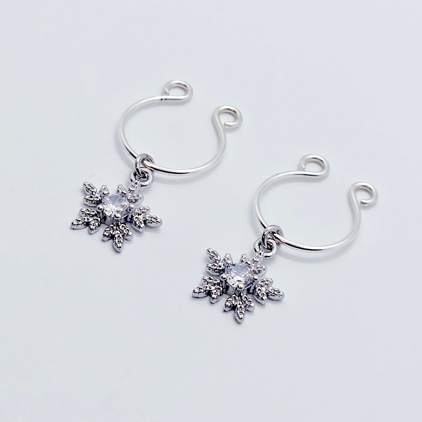 Snowflake Nipple Rings, Non-Piercing. Platinum and CZ Snowflakes.