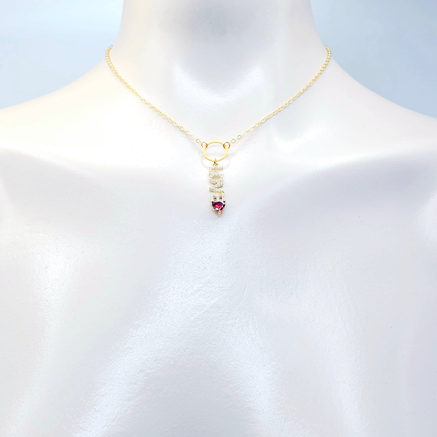 Discreet Day Collar, 18K Gold Circle of O with CZ LOVE and Heart Pendant Choker Collar.