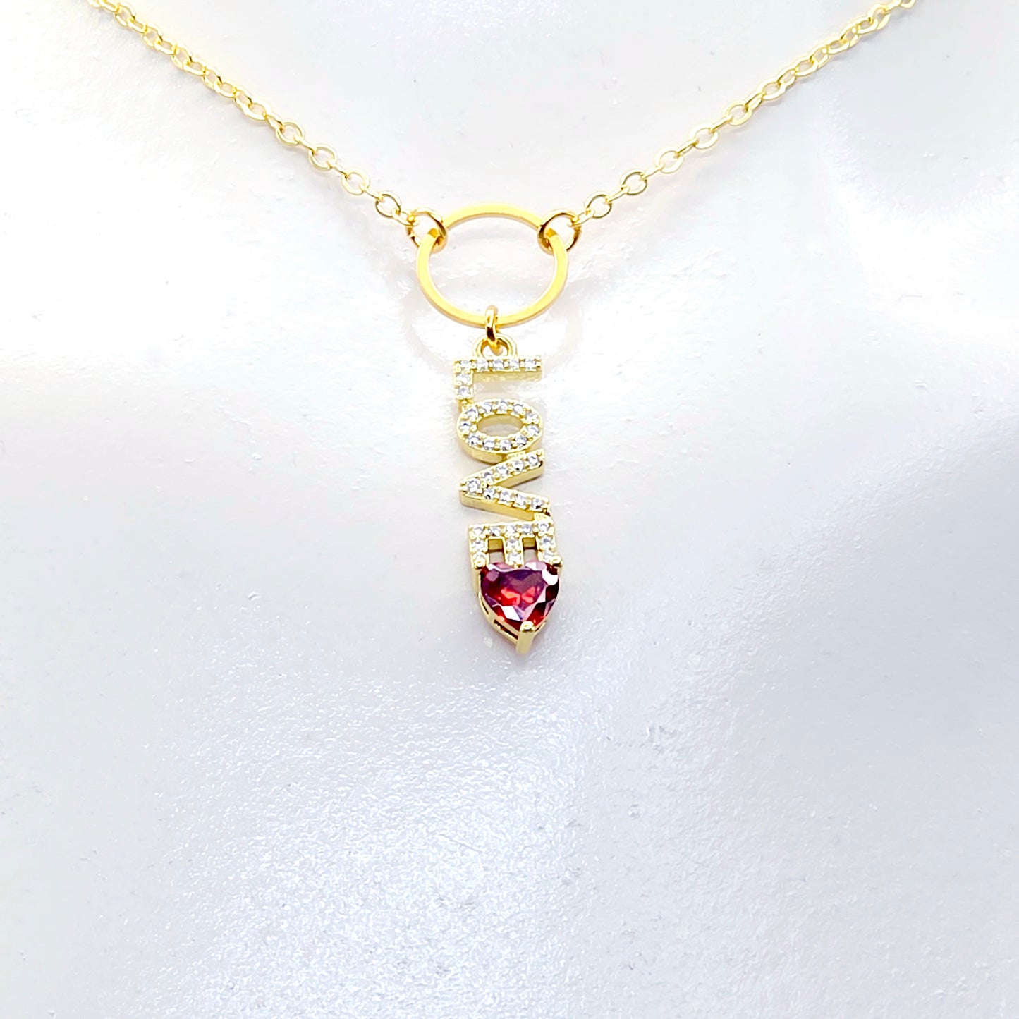 Discreet Day Collar, 18K Gold Circle of O with CZ LOVE and Heart Pendant Choker Collar.