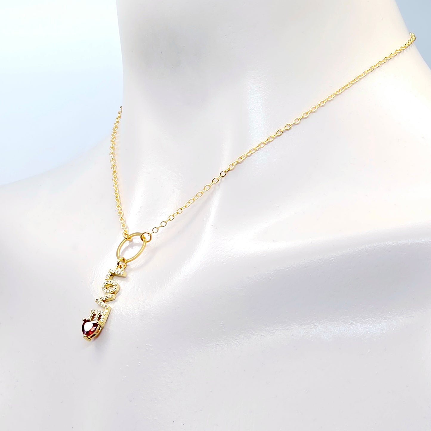 Discreet Day Collar, 18K Gold Circle of O with CZ LOVE and Heart Pendant Choker Collar.