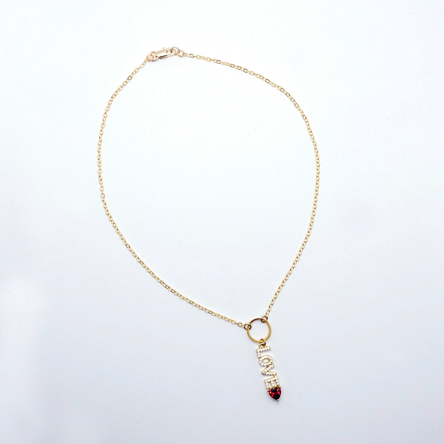 Discreet Day Collar, 18K Gold Circle of O with CZ LOVE and Heart Pendant Choker Collar.