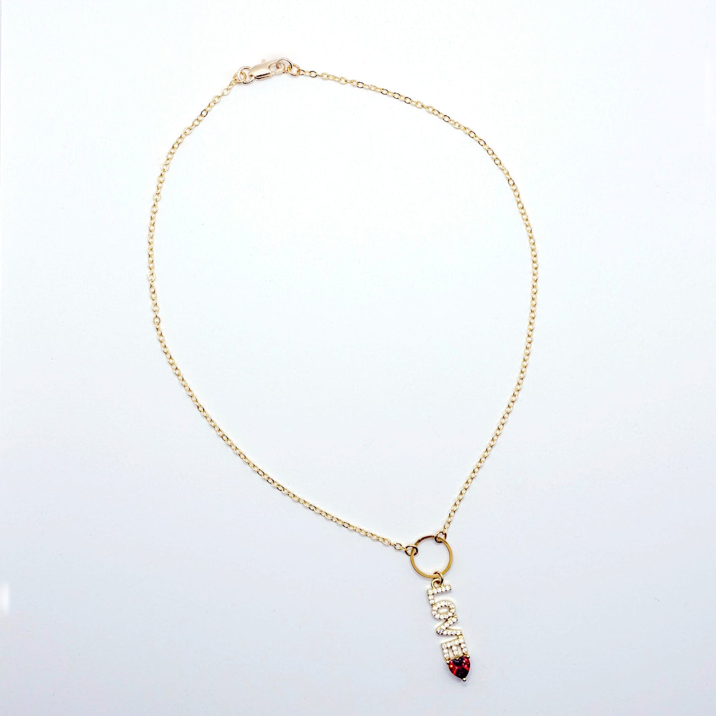 Discreet Day Collar, 18K Gold Circle of O with CZ LOVE and Heart Pendant Choker Collar.