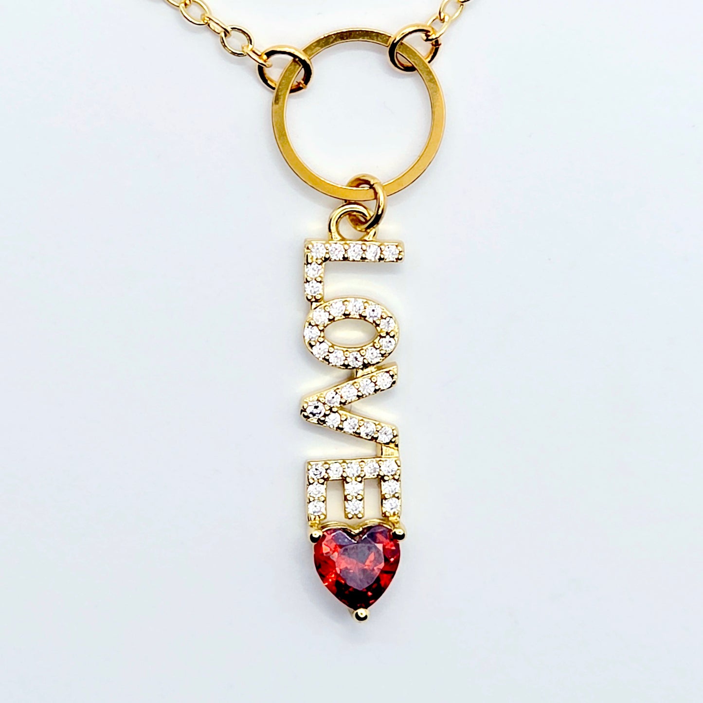 Discreet Day Collar, 18K Gold Circle of O with CZ LOVE and Heart Pendant Choker Collar.