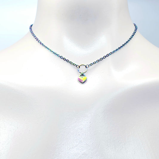 Rainbow Day Collar, Stainless Steel with Heart. Discreet Day Wear Collar Choker Necklace