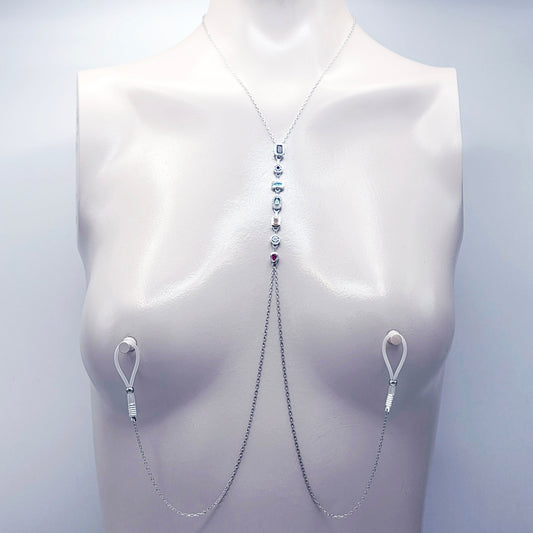 Platinum Necklace with Nipple Chains and Gemstones, with Nipple Nooses, on a mannequin against a white background.