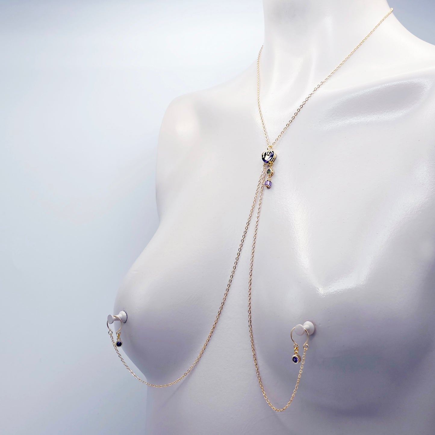 18K Gold Necklace to Nipple with Purple Heart Pendant, Your Choice of Nipple Attachment
