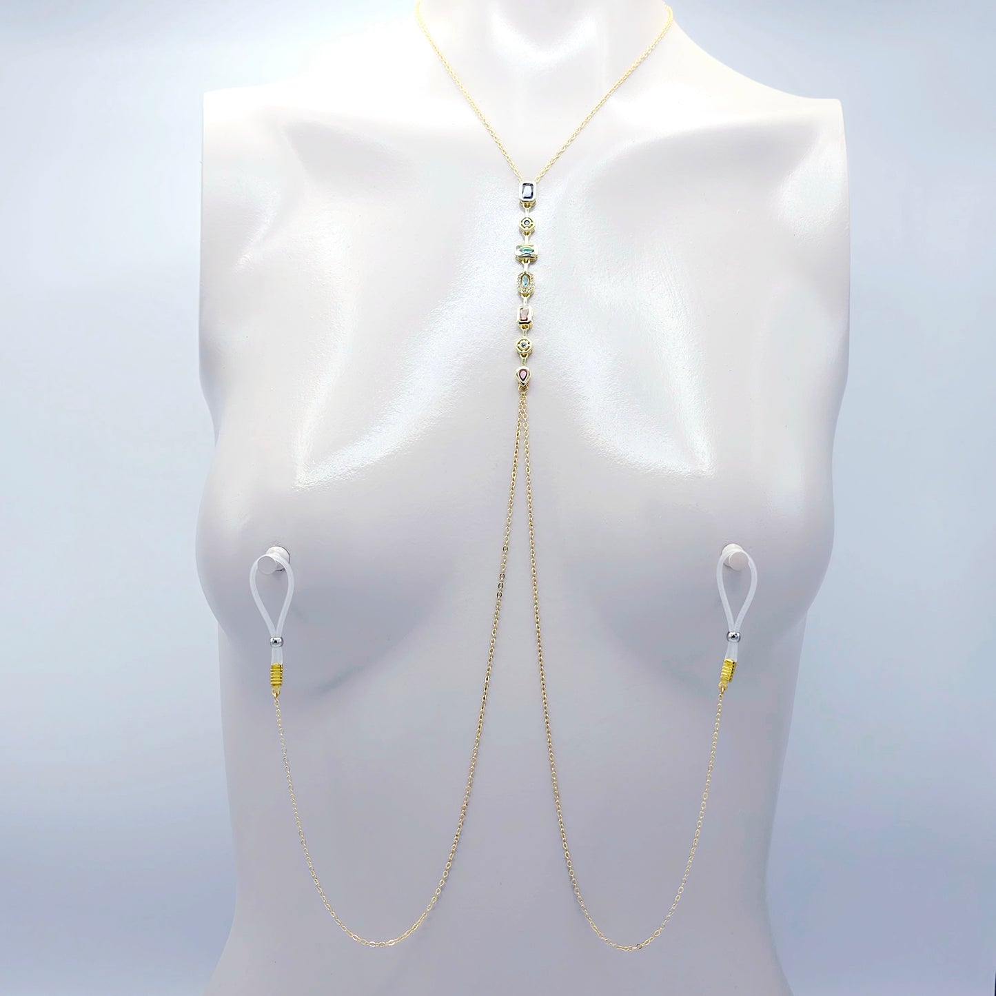 18K Gold Necklace to Nipple with Colorful Gemstone Pendants and Your Choice of Attachment.