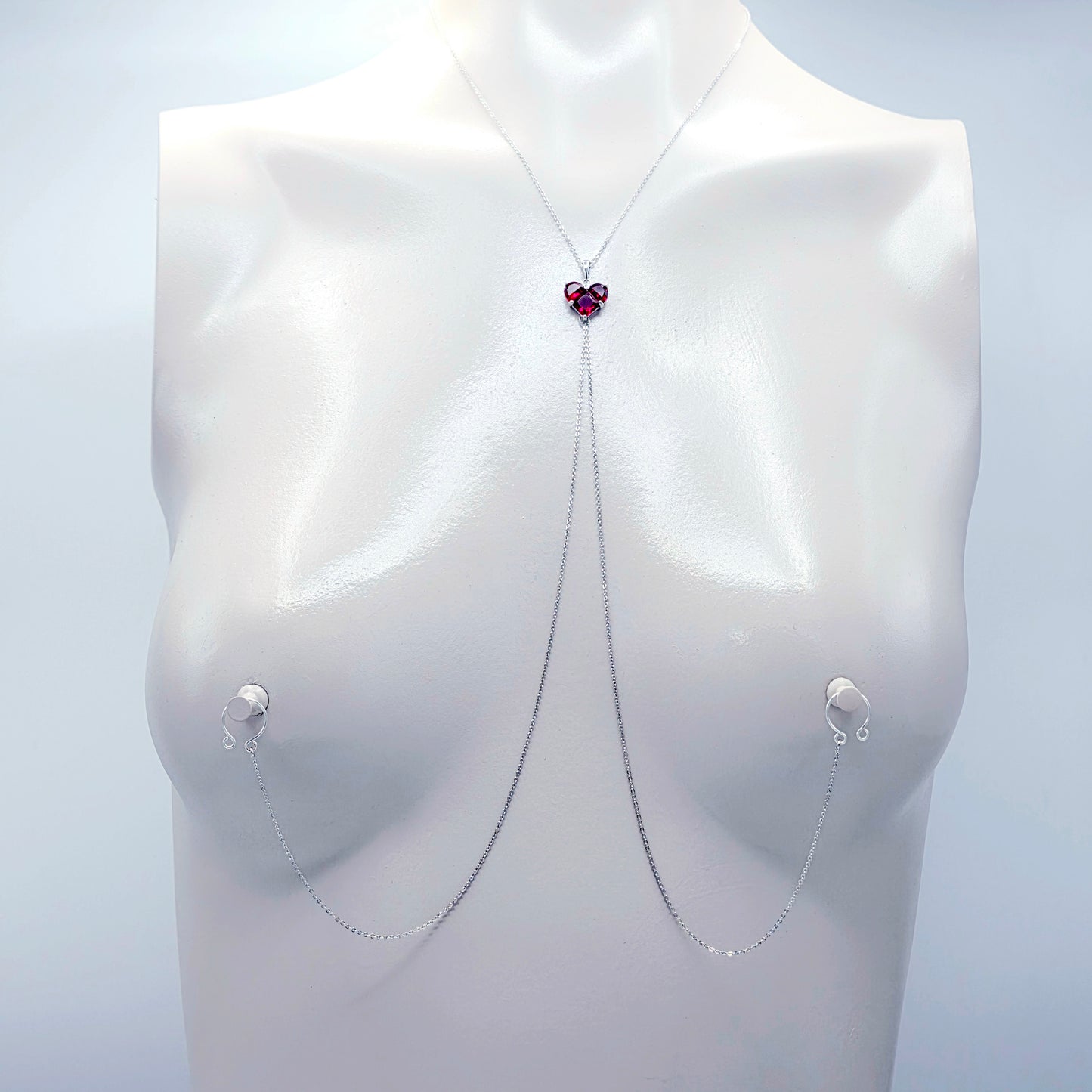 Heart Necklace to Nipple. Platinum and CZ. Multiple Nipple Attachment Options.