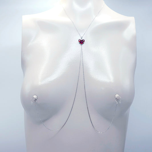 Heart Necklace to Nipple. Platinum and CZ. Multiple Nipple Attachment Options.